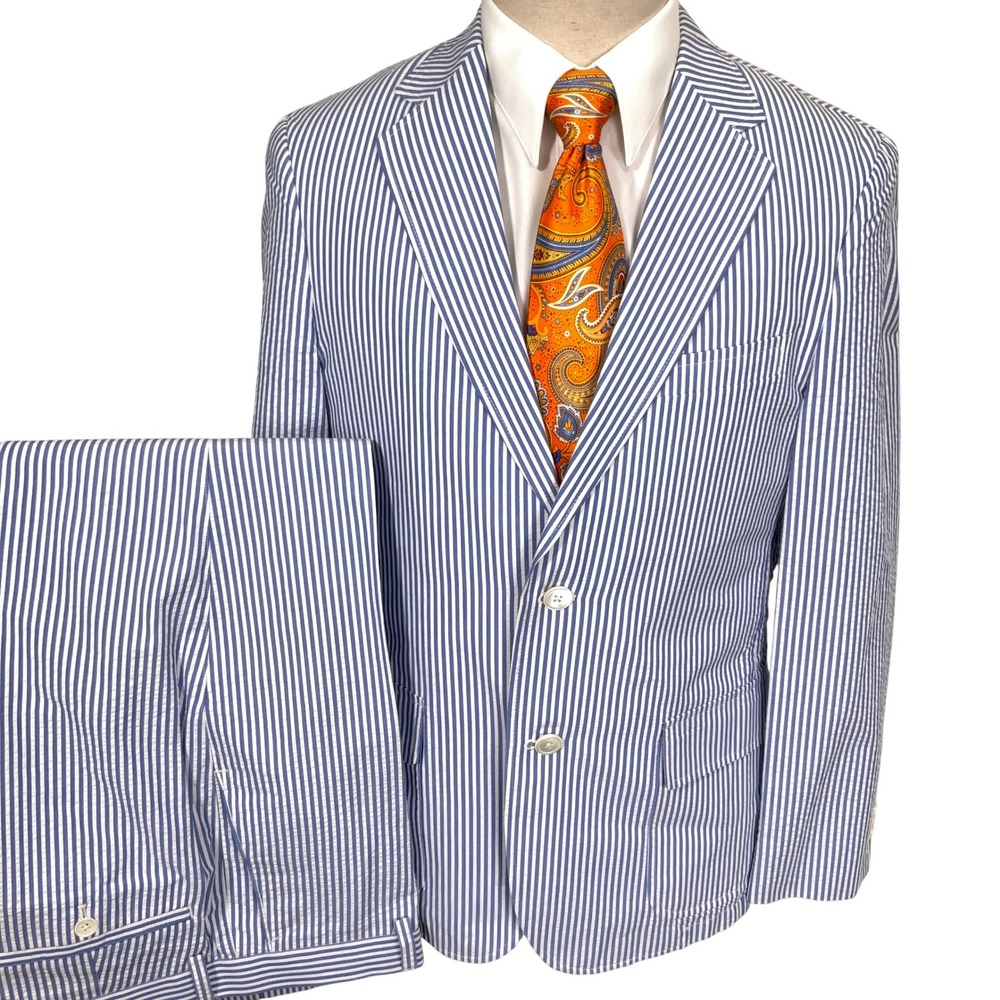 JC Penny Seersucker Suit Men 40R 34W 30L Blue White Stripe Summer Cotton
